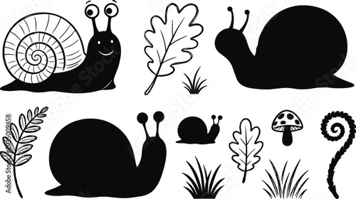 Tableau sur toile Cute cartoon snail silhouette icon set with forest leaves grass fern frond and m