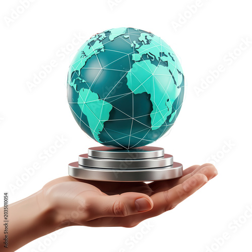 Hand Holding Globe with Network Lines Isolated on Transparent Background