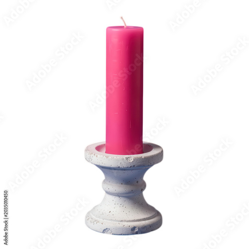 Pink Candle in White Textured Candle Holder Isolated on Transparent Background
