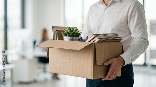 Man in white shirt carrying a box of personal belongings, leaving the office after resignation or layoff, conveying a sense of transition and change in career
