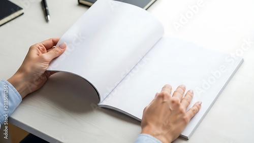 Person opening a blank magazine or book on a white desk