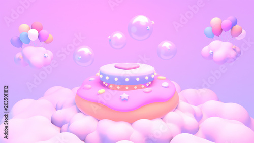 3D render of cute floating donut stage surrounded by clouds in the sky.