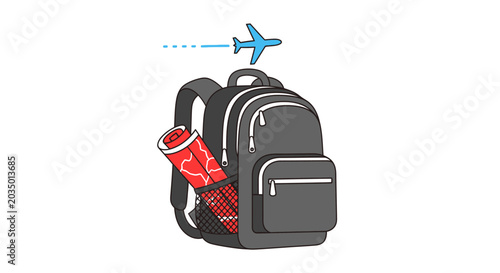 Gray Backpack with Red Water Bottle.