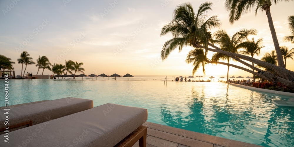 Fototapeta premium The Infinity Pool at a Tropical Resort Overlooking a Serene Ocean Sunset