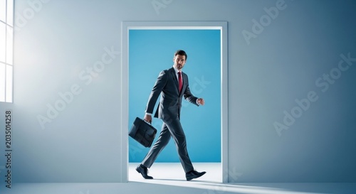 Businessman Walking Through Open Doorway Carrying Briefcase Towards New Opportunity.