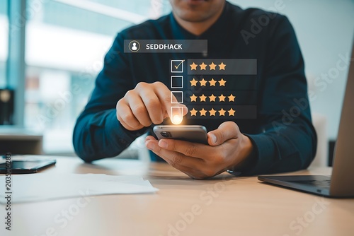 Close up of person choosing five star rating on mobile application for service excellence.