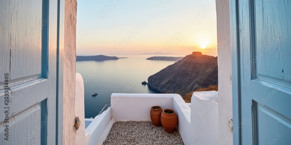 Fototapeta premium The Open Window Framing A Sunset Over A White Coastal Terrace And Sea Cliffs