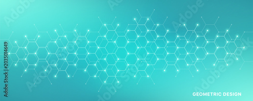 Genetic engineering and molecular structure, hexagon DNA network, science chemical and biotechnology concept, innovation technology, healthcare, and medicine design.