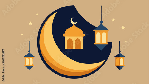 Canvas Print Ramadan crescent moon with mosque and lanterns