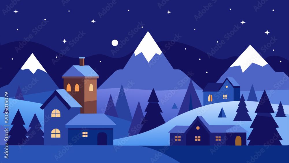 Fototapeta premium Snowy village at night with mountains