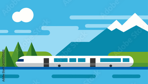 Foto White train traveling by water with mountains