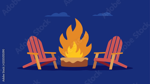 Εκτύπωση καμβά Two red adirondack chairs by campfire at night