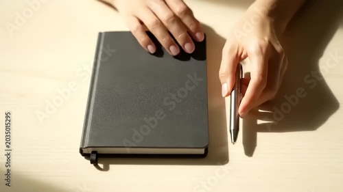 Hands holding a notebook and pen on a table, ready for writing.