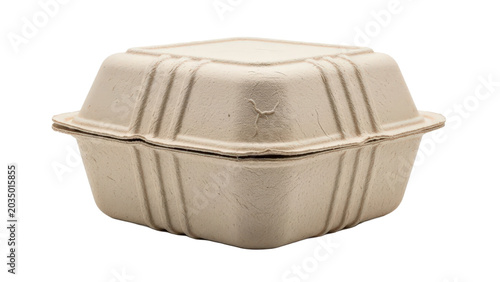 Biodegradable food packaging container made from eco friendly material on white background