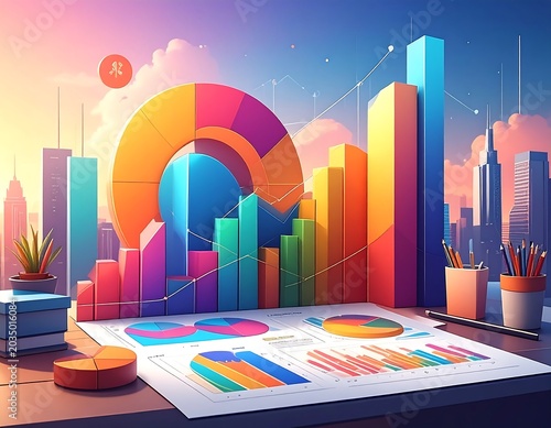 Colorful Data Charts Rising on Office Desk with City Skyline Background
