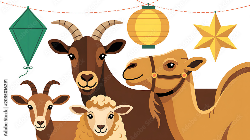 Obraz premium Cartoon animals including camel, goat, sheep, and kite for Islamic festival lamb