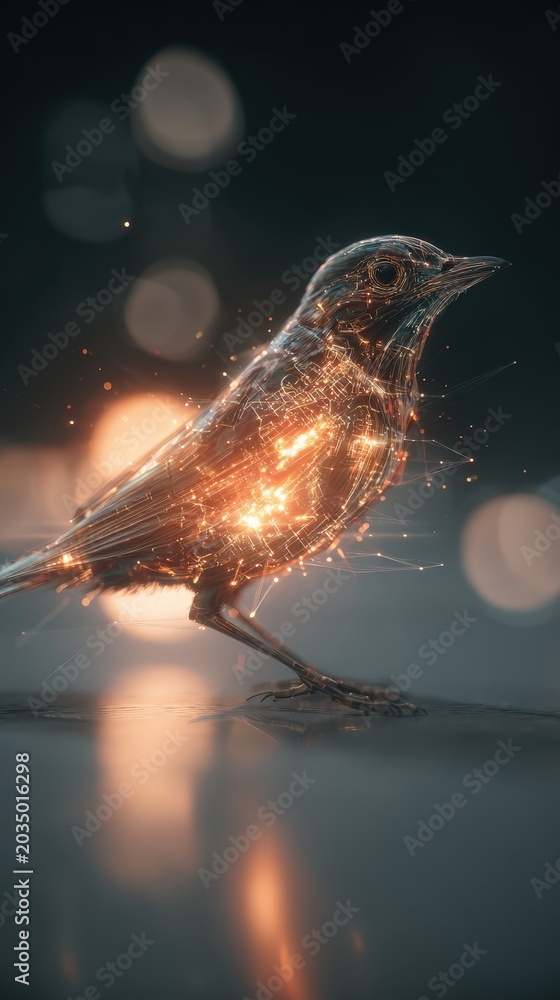 Obraz premium A small bird, seemingly made of stardust and light, stands illuminated against a blurred, bokeh-filled background. ..Created with Generative AI, not depicting real subjects.