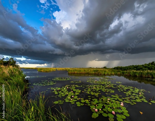 Dramatic Storm Clouds Gathering Over Lily Covered Wetland at Dusk