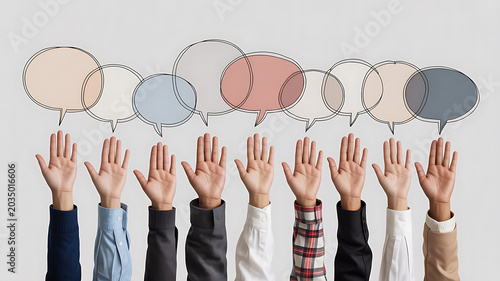 Diverse hands raised with colorful speech bubbles above them arms