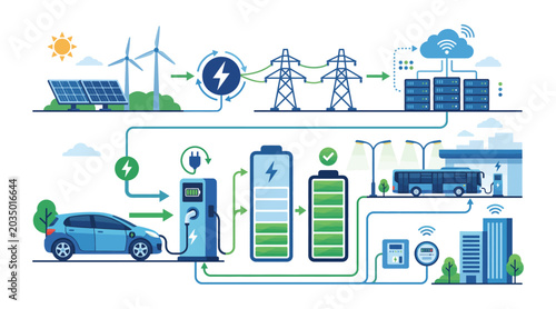 Renewable energy grid infrastructure with solar wind power and electric vehicles.