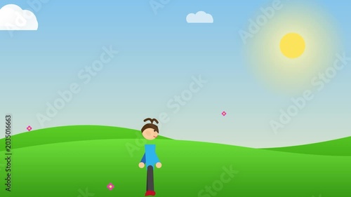 A cartoon girl walking on green hills with sun and blue sky background