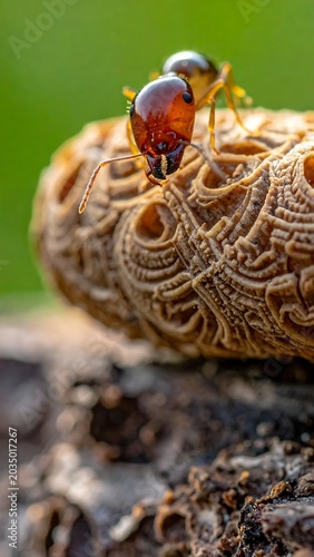 Tiny Red Ant Walking on Textured Dried Seed Pod in Natural Outdoor Setting