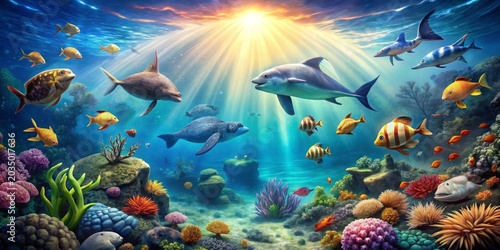Beneath sunlit ocean waves, vibrant coral reefs teem with diverse aquatic life, a breathtaking underwater panorama of marine creatures swimming gracefully in their natural habitat.