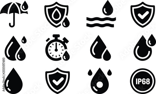 Schilderij op canvas Waterproof icons set including protection shield and raindrops for moisture resistance