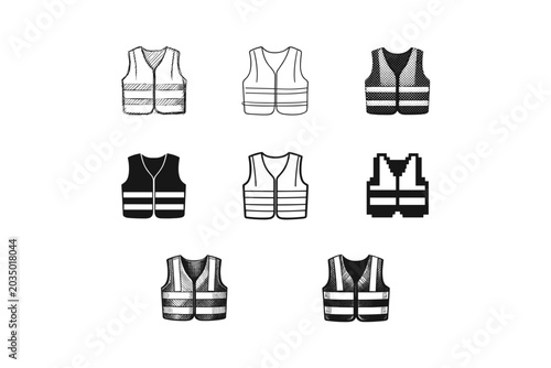 Collection of safety vests in various artistic styles and representations