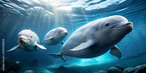 Three sleek white marine mammals swim gracefully through sun-dappled ocean depths, their playful demeanor evident.