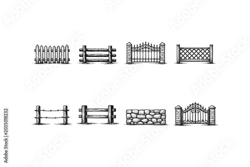 Collection of diverse fence and gate designs in a vintage sketch style
