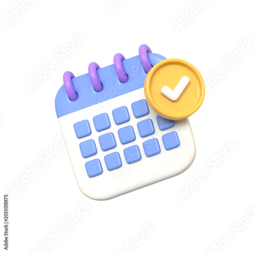 Cute 3D calendar icon with check mark for schedule management event reminder and appointment booking Ideal for web design and app UI.3d render