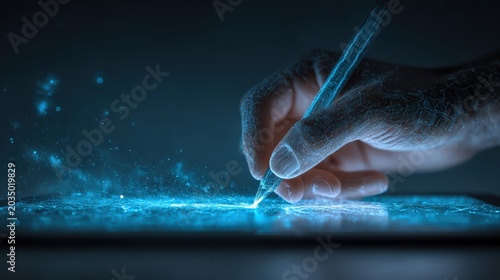 Futuristic digital signature with a glowing stylus on a tablet, illustrating the concept of modern technology and data security in a sleek. ..Created with Generative AI, not depicting real subjects.