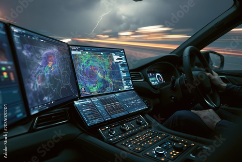 Storm chaser driving futuristic car monitoring weather data