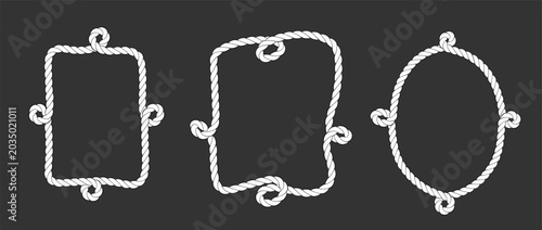 Rope decorative frames with nautical or western cord. Set of Marine cable patterns for sailor design. Braided string with bow details. Vector vintage style rope seamless pattern with nautical cord