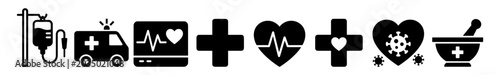 Photography Set of black medical icons including IV drip, ambulance, heart monitor, medical