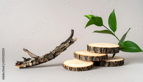 Natural display stages made of wood slices and a dry branch with green leaves on a neutral background, for product placement or natural cosmetics.