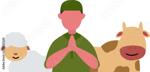 Foto Illustration of a Muslim man with a sacrificial sheep and cow for the Eid al Adh