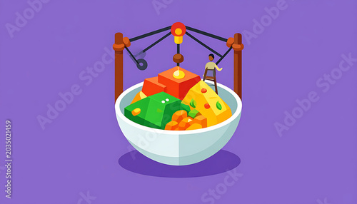 Pixel art isometric bowl of colorful food with a tiny person, representing meal preparation or culinary art