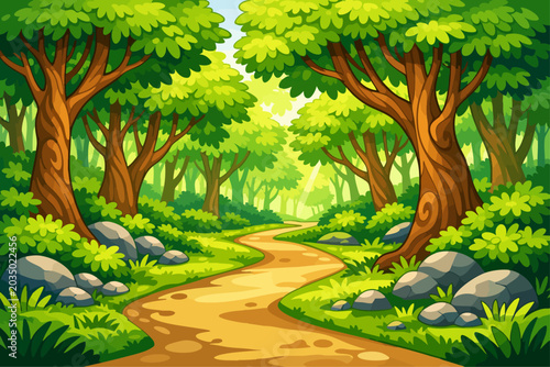 Foto Forest scene with winding path vibrant vector illustration