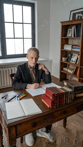 Elderly man reading book at wooden desk.