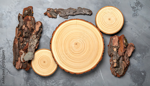 Natural wood slices and bark textures arranged on a rustic grey background, showcasing organic patterns and natural materials