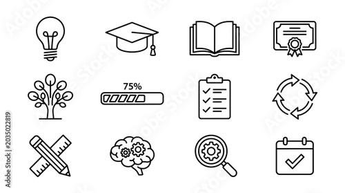 Foto Simple outline stroke educational design icon set featuring lightbulb graduation