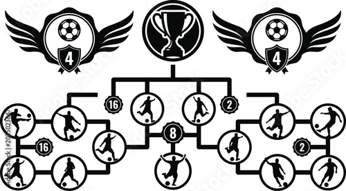 Foto Black and white of a soccer tournament bracket with player silhouettes and troph