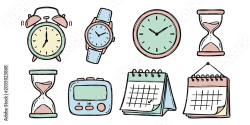 A collection of various timekeeping devices on a white background including clocks and calendars