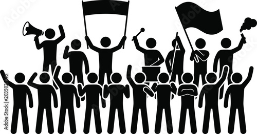 Quadro em tela Black silhouette figures protesting with flags, megaphone, and smoke bomb demons