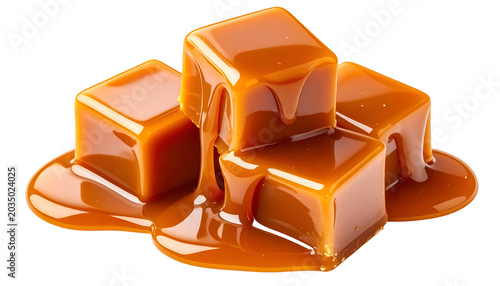 Square caramel candies stacked, glaze drizzling down, glossy sheen
