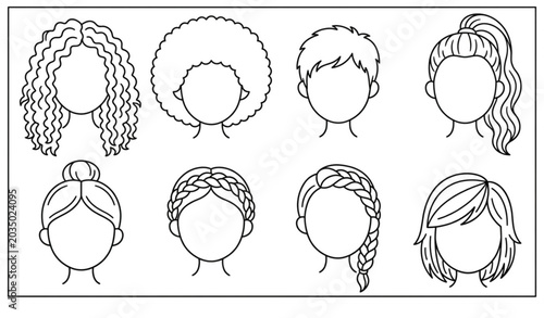 Girls hair styles coloring page vector icons set with outline female hair designs