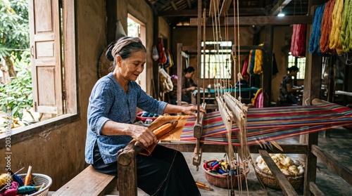 Elderly Woman Weaving Traditional Fabric in Rural Vietnam.