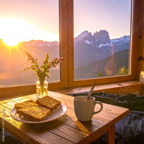 Cozy Wooden Breakfast Table with Toast and Coffee by Mountain Window at Sunrise